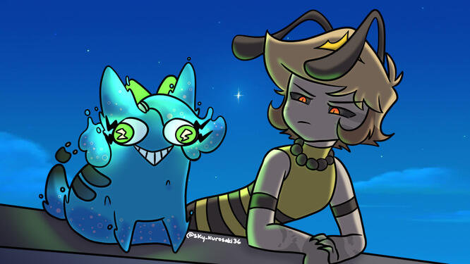 Cursed Cat Ellit (Sky's Hazbin OC) & Kole (Zanealry's Hazbin OC) base from another artwork (can't find the original art) (Sept.25.2025)
